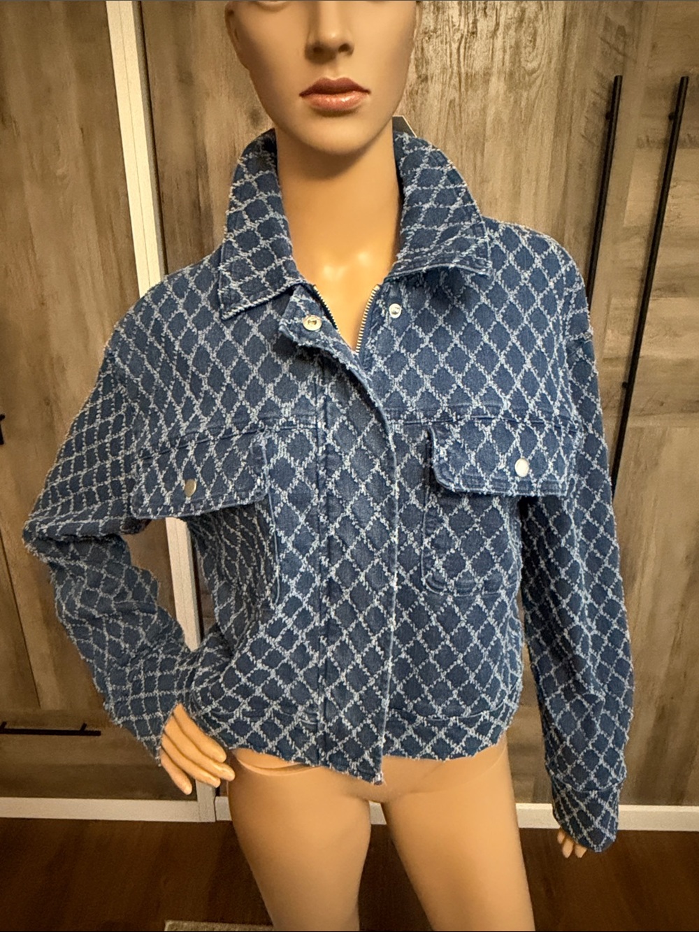 Marled By Reunited Cropped Quilted Denim Jacket Blue Diamond Pattern Women M NWT